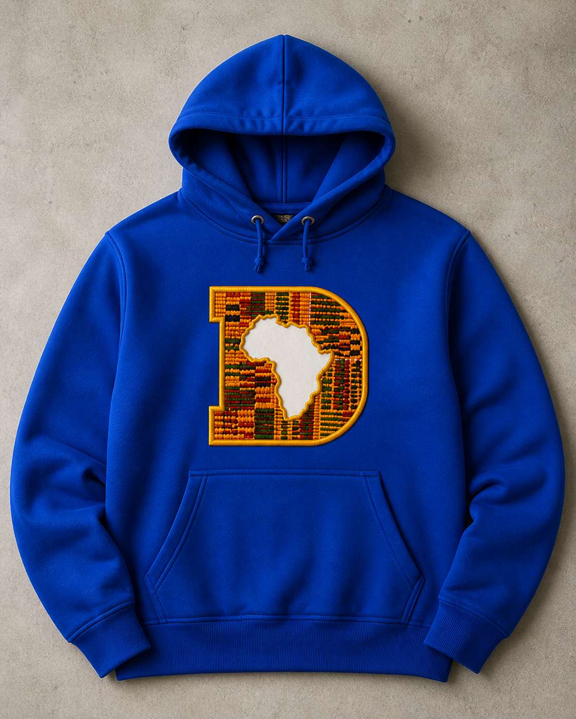 Blue hoodie with a unique design on a beige background